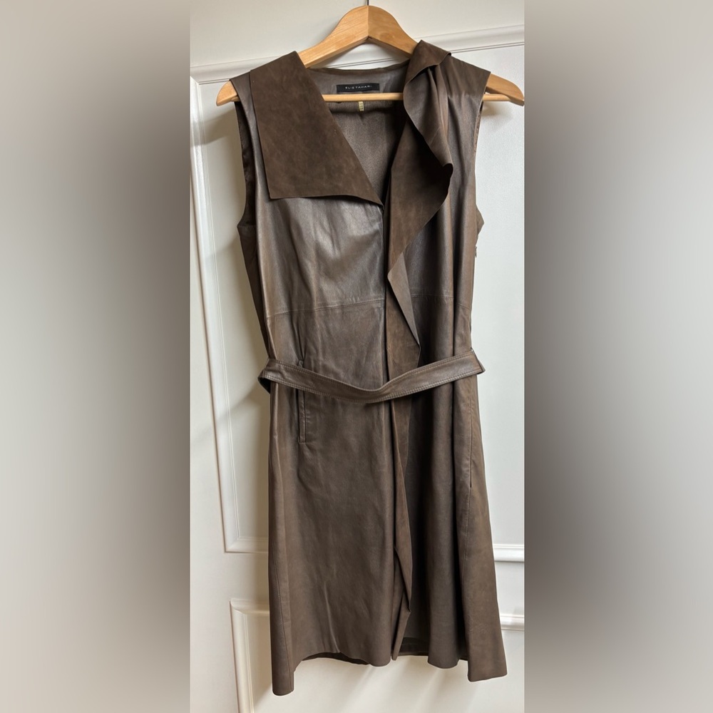 Ellie Tahari taupe leather sleeveless dress